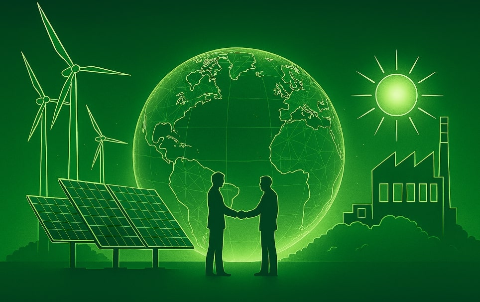 Ilustrasi kolaborasi global untuk energi terbarukan, menampilkan globe bercahaya, turbin angin, panel surya, dan dua figur berjabat tangan