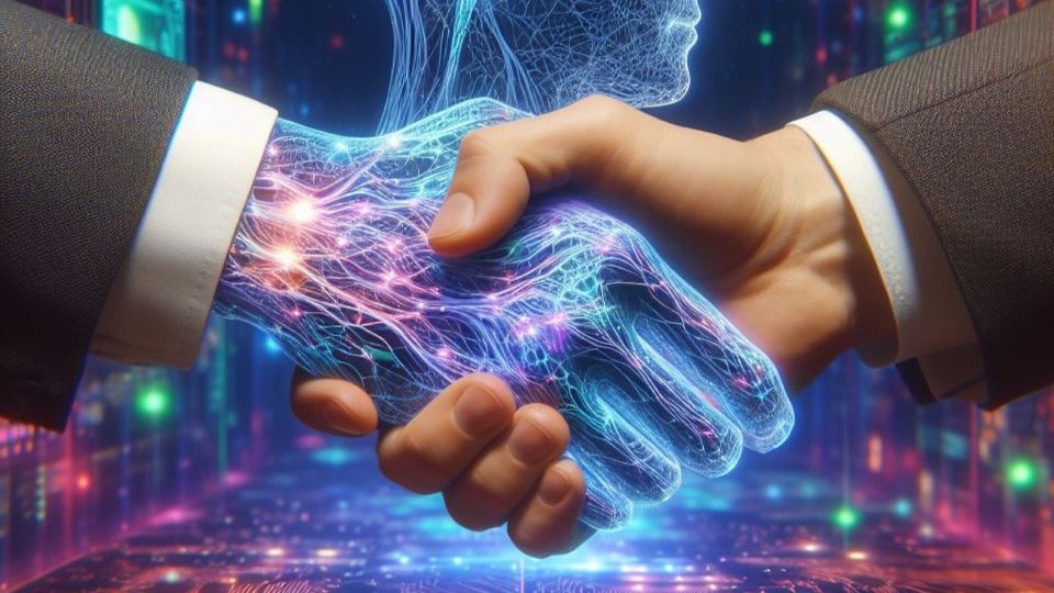Jabat tangan antara tangan manusia dan tangan digital bercahaya, simbol kolaborasi AI dan manusia dalam inovasi hijau