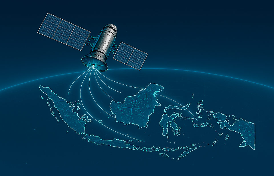 Ilustrasi satelit memancarkan sinyal ke wilayah Indonesia, simbol konektivitas digital dan pemerataan akses teknologi