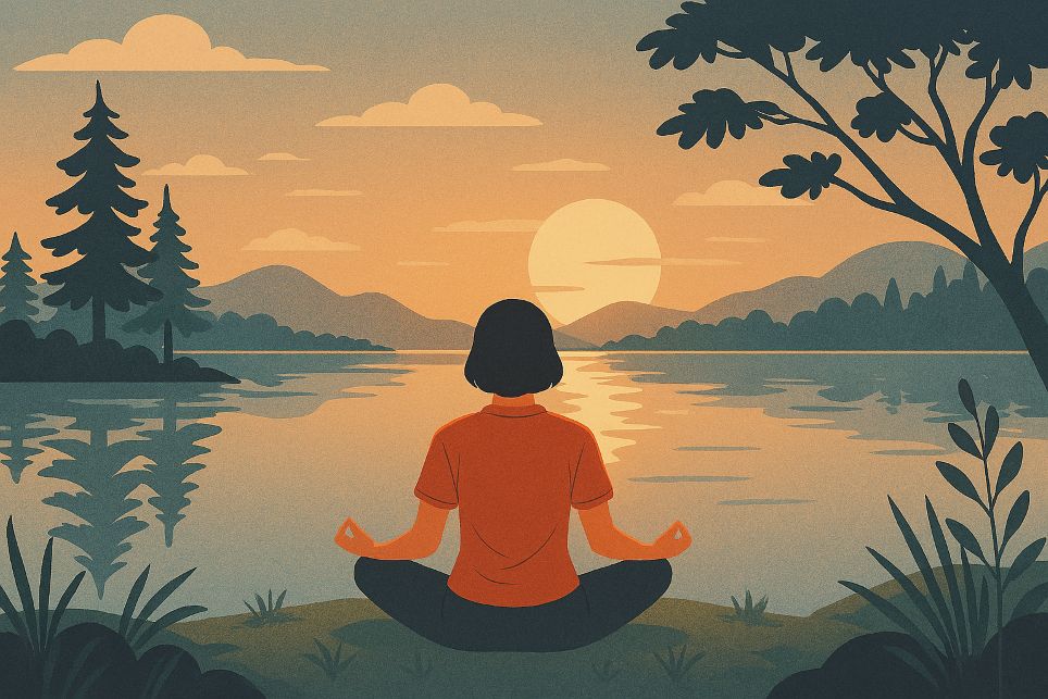 Seseorang bermeditasi di tepi danau saat matahari terbenam, simbol pencarian kebahagiaan batin di tengah kesibukan dunia modern