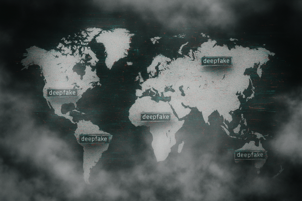 Peta dunia dengan kata “deepfake” tersebar di berbagai wilayah, simbol ancaman global terhadap keamanan digital dan psikologis