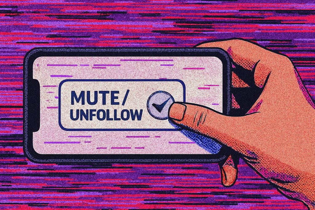 Ilustrasi tombol unfollow sebagai strategi pertahanan siber pribadi yang murah melawan doomscrolling