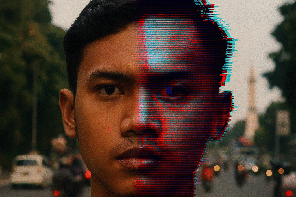 Ilustrasi wajah Gen Z terdistorsi glitch karena deepfake 550 persen dan malas berpikir