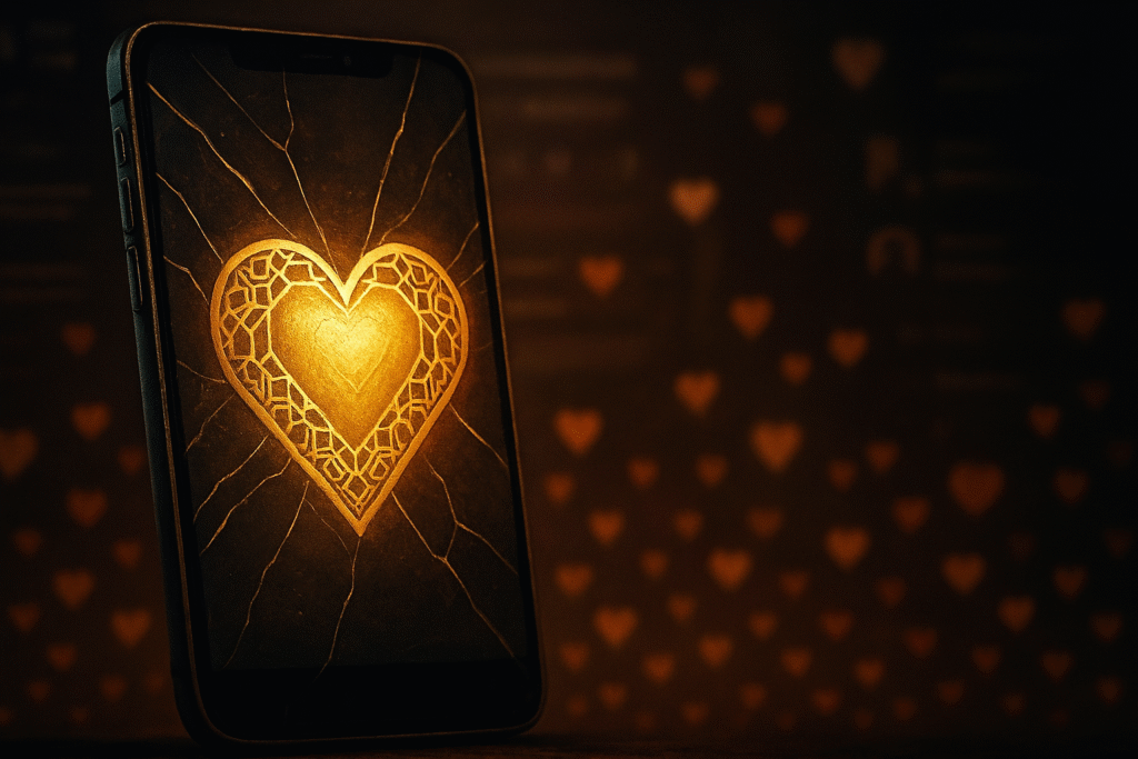 Ilustrasi hati emas di balik layar smartphone retak melambangkan bahaya riya digital dan niat ikhlas