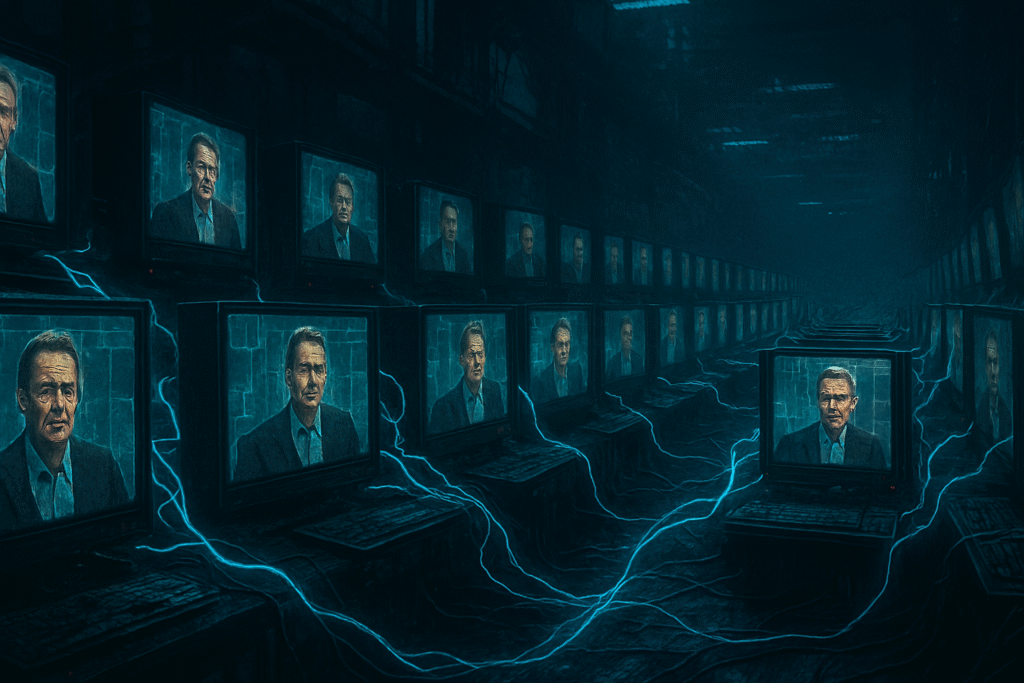 Pabrik gelap berisi deretan layar yang menampilkan versi berbeda dari figur publik sedang berbicara, terhubung oleh garis jaringan saraf bercahaya neon biru.