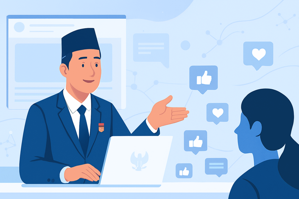 Ilustrasi pejabat Indonesia mengenakan peci dan jas resmi, berinteraksi dengan warga melalui laptop, dikelilingi ikon media sosial dalam nuansa biru-putih yang bersih dan profesional.